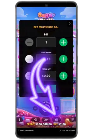 Click the coin icon to change the bet Sugar Rush Super Scatter